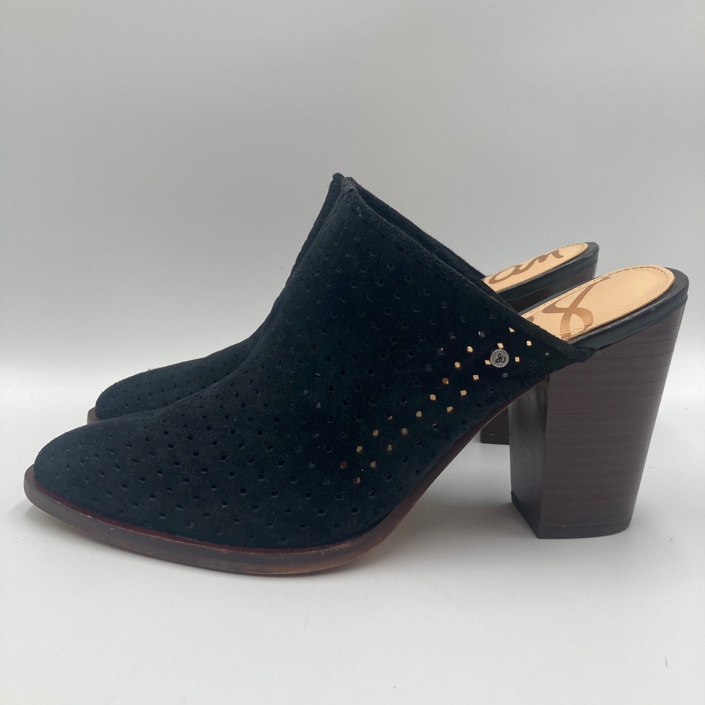 Sam Edelman Bates Perforated Black Suede Mules Slides Shoes Women Size 8M